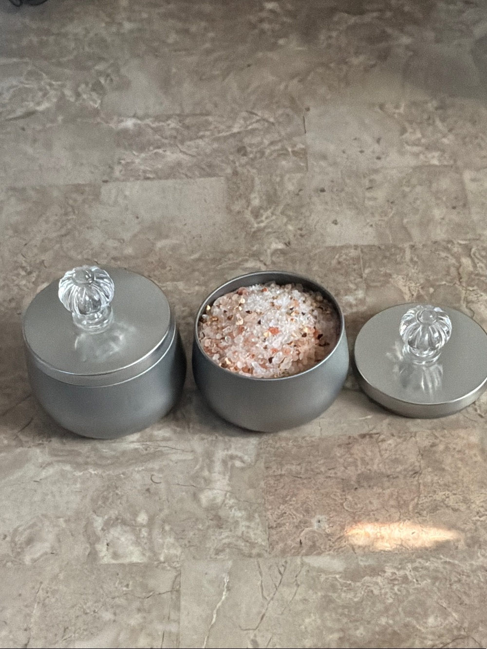 Pair of Home Made Organic Orange Bath Salts in Decorative Tins